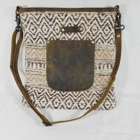Myra Sand Weaver Upcycled Rug Canvas Leather Crossbody Bag - Picture 1 of 4